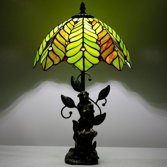 Tiffany Style Table Lamp Stained Glass Lamp Sculpture Green Amber Coconut Tree - Picture 5 of 5